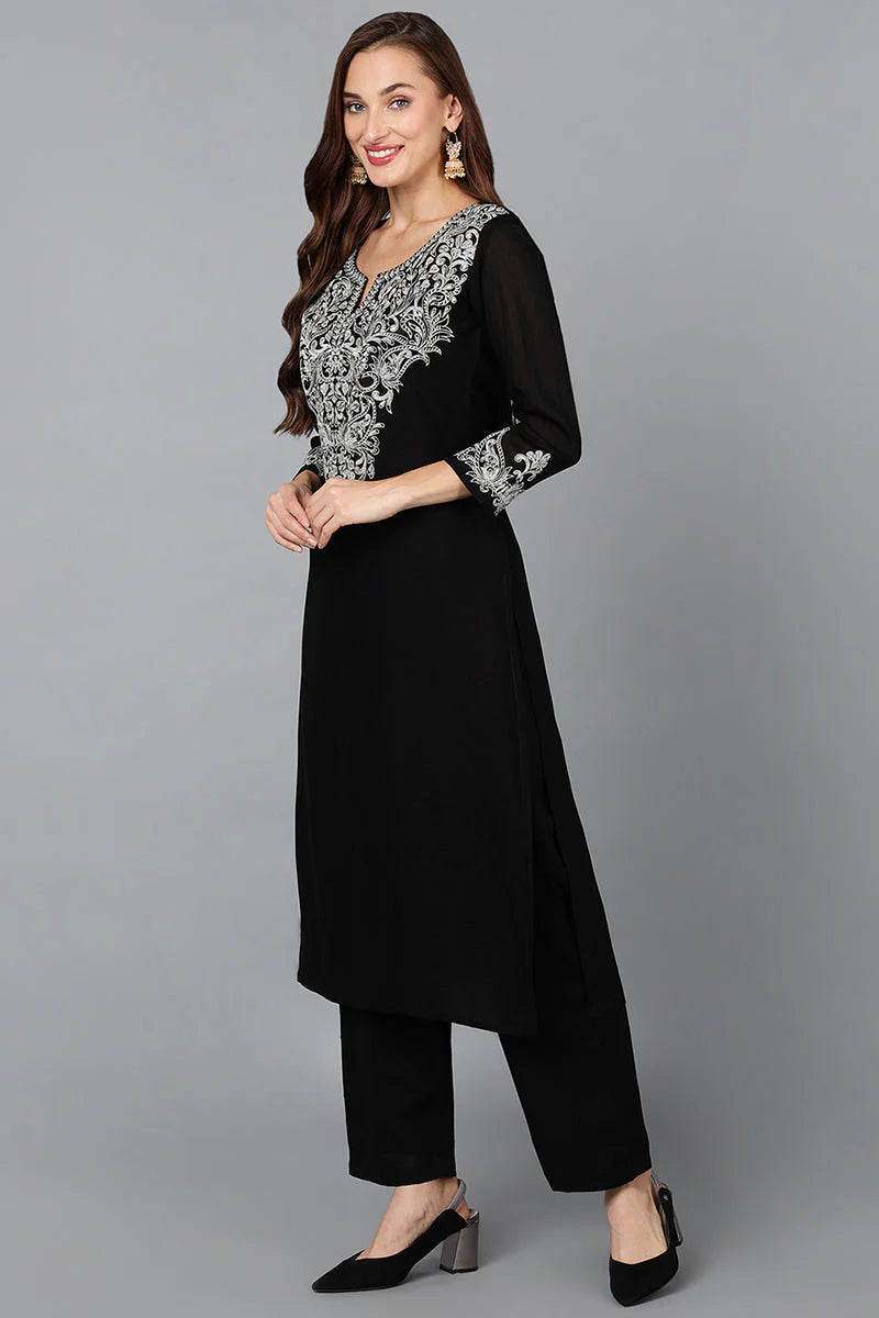 Black Silk Blend Straight Kurta Pant With Dupatta