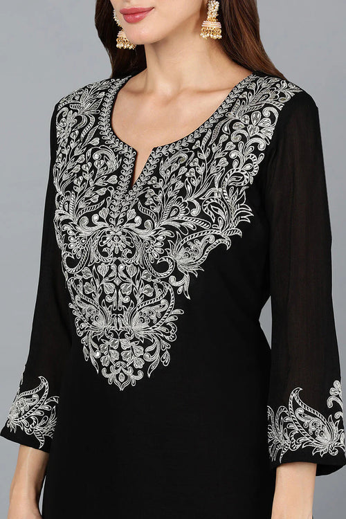Black Silk Blend Straight Kurta Pant With Dupatta