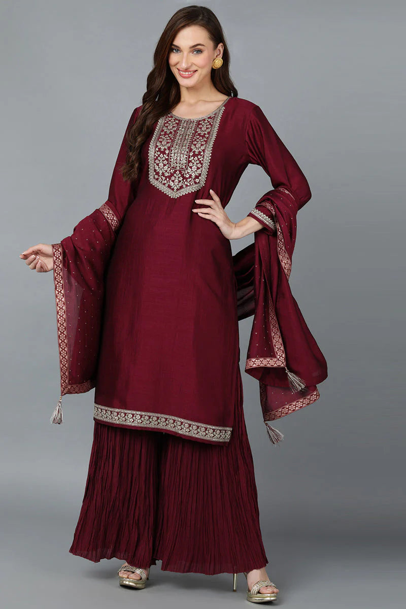 Maroon Silk Blend Yoke Design Kurti Sharara With Dupatta