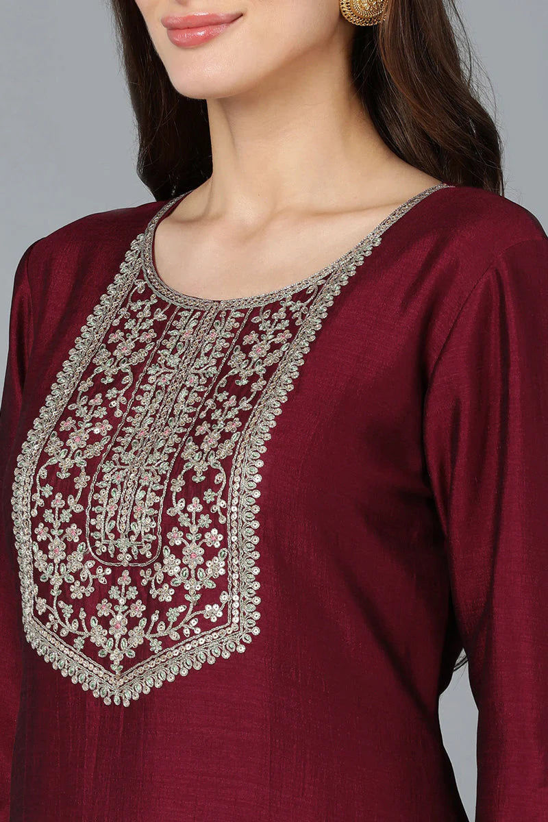 Maroon Silk Blend Yoke Design Kurti Sharara With Dupatta