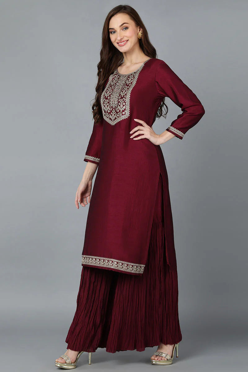 Maroon Silk Blend Yoke Design Kurti Sharara With Dupatta