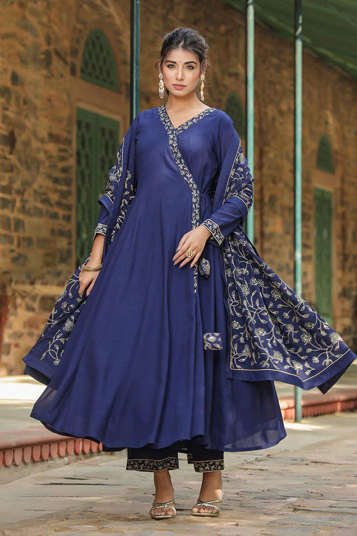 Blue Poly Georgette Angrakha Pant With Dupatta