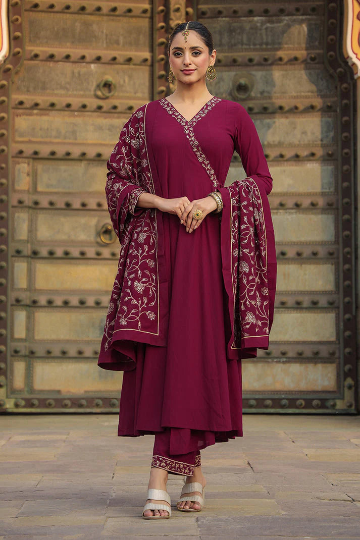 Fuschia Poly Georgette Angrakha Pant With Dupatta