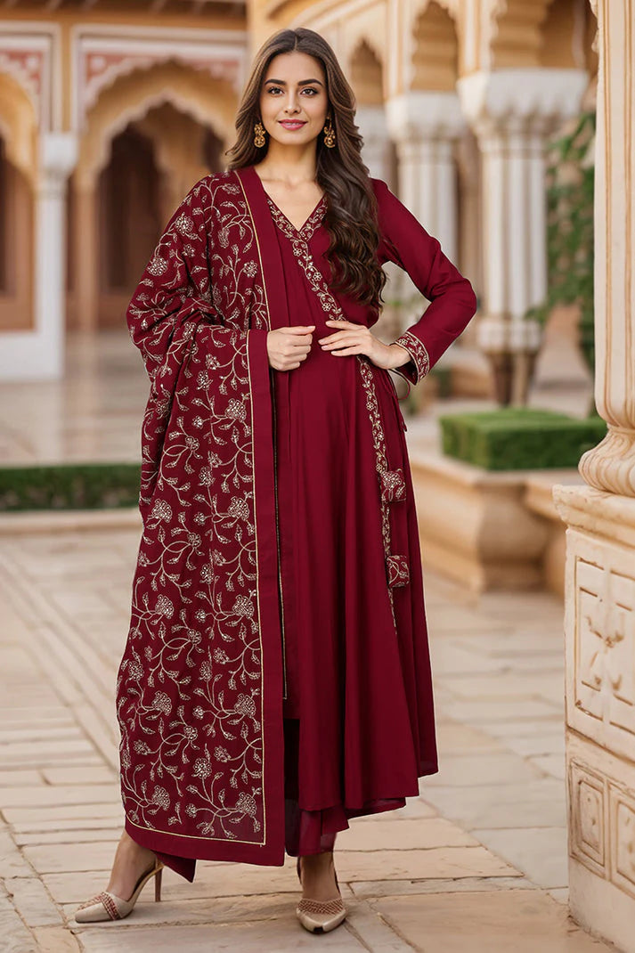 Fuschia Poly Georgette Angrakha Pant With Dupatta