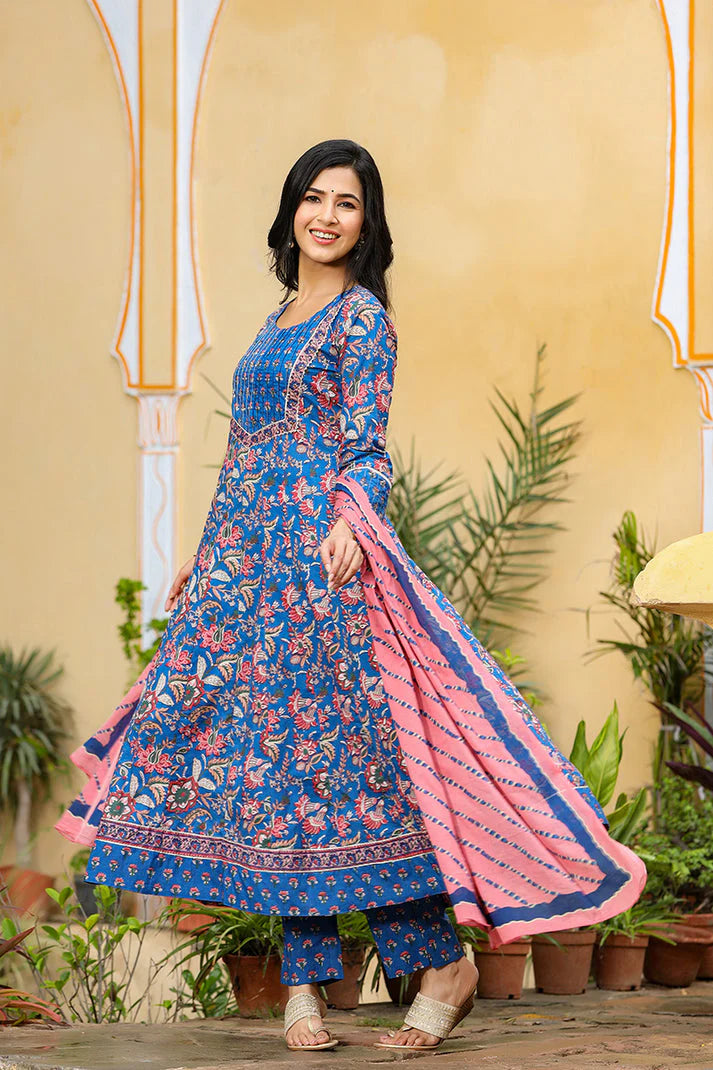 Blue Rayon Blend Anarkali Suit Set