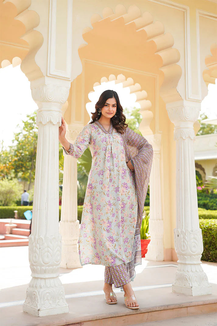Green Rayon Blend Floral Printed Straight Kurta Trousers With Dupatta