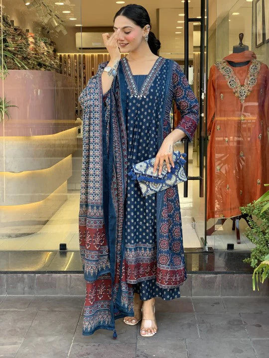 Ajarakh Print Mul Cotton Aline kurti with Pant and dupatta set