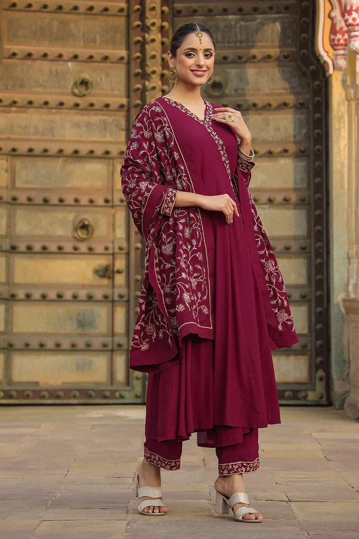 Fuschia Poly Georgette Angrakha Pant With Dupatta