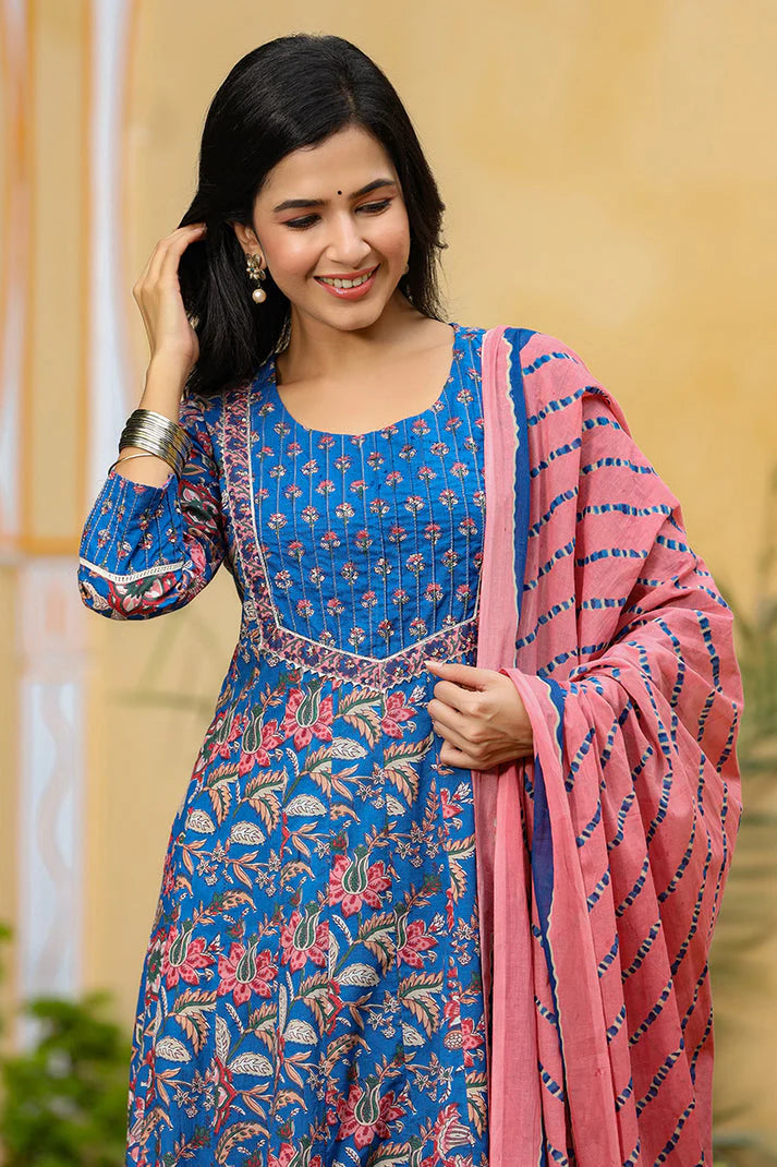 Blue Rayon Blend Anarkali Suit Set