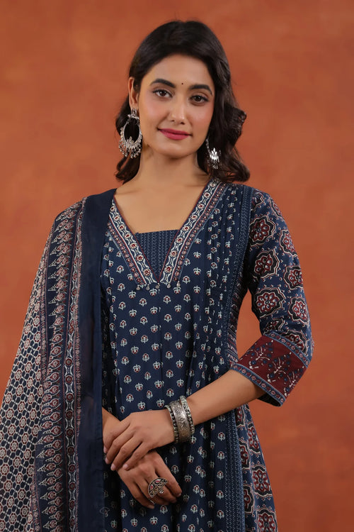 Ajarakh Print Mul Cotton Aline kurti with Pant and dupatta set