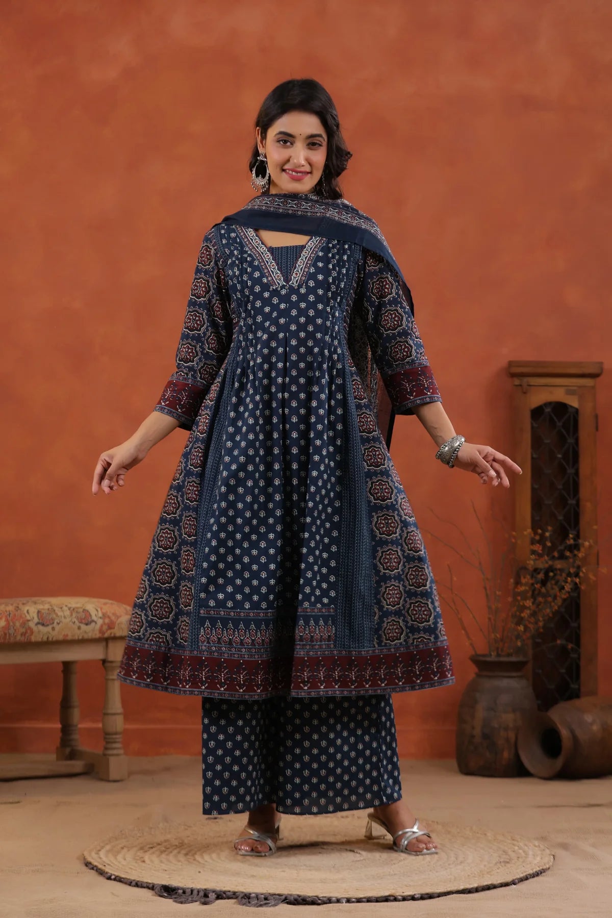 Ajarakh Print Mul Cotton Aline kurti with Pant and dupatta set