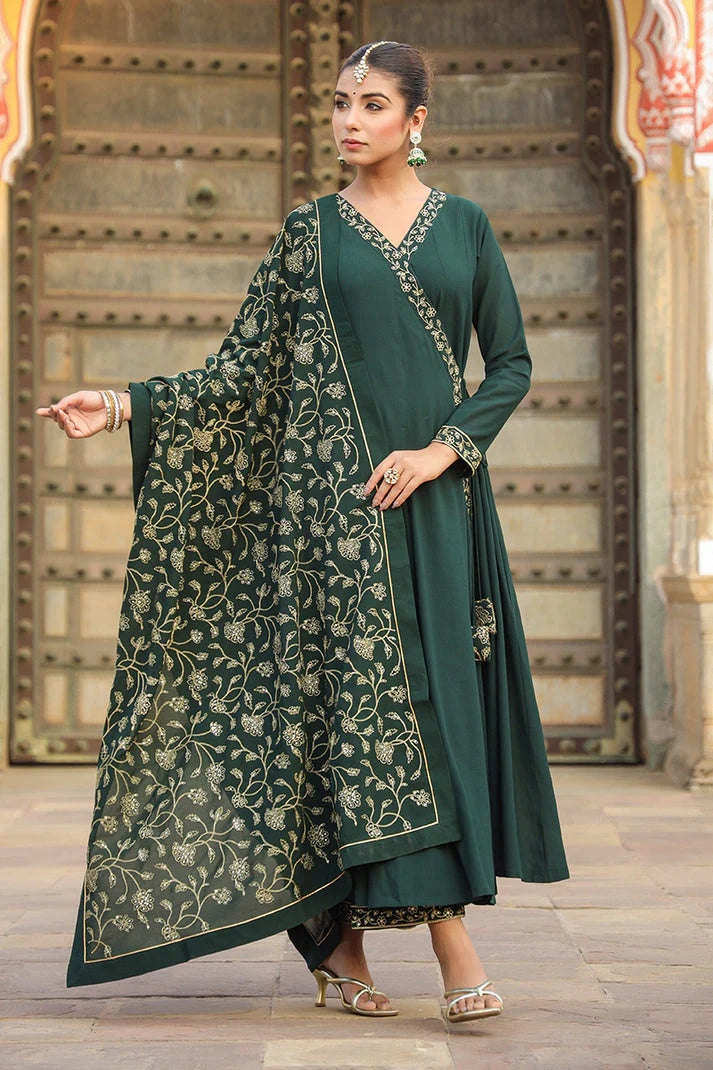 Dark Green Poly Georgette Angrakha Pant With Dupatta