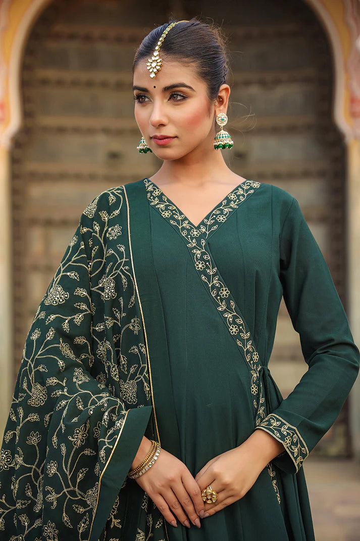 Dark Green Poly Georgette Angrakha Pant With Dupatta