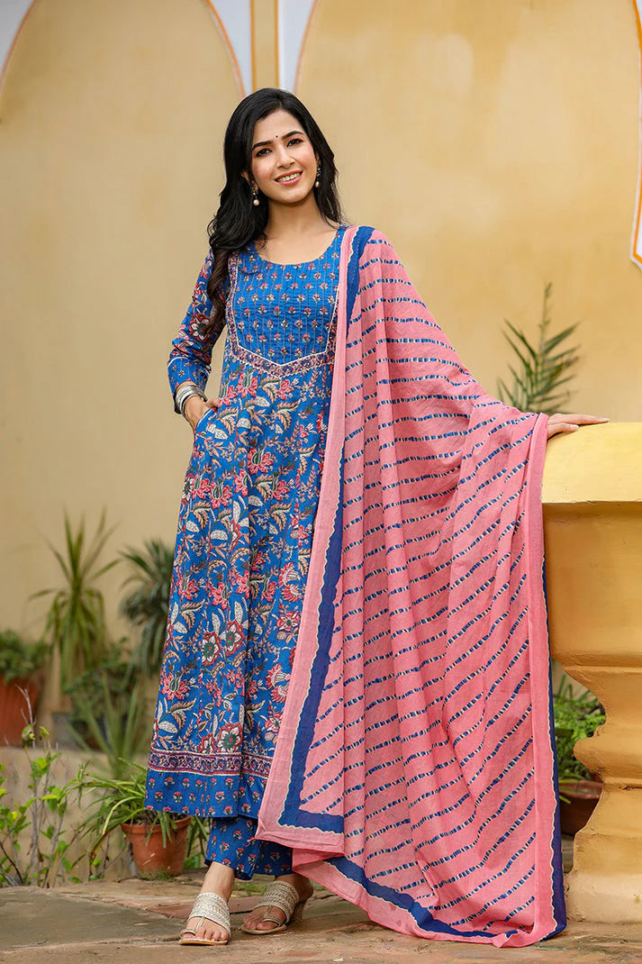 Blue Rayon Blend Anarkali Suit Set