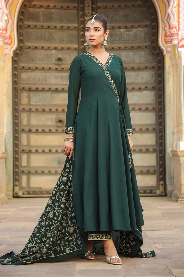 Dark Green Poly Georgette Angrakha Pant With Dupatta