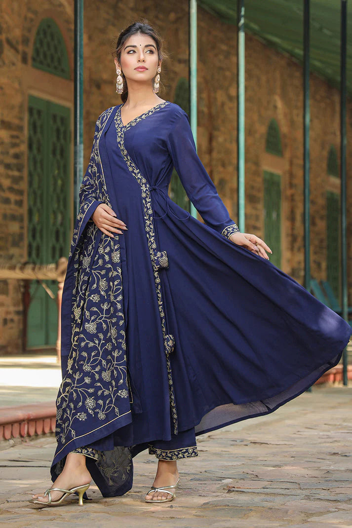 Blue Poly Georgette Angrakha Pant With Dupatta